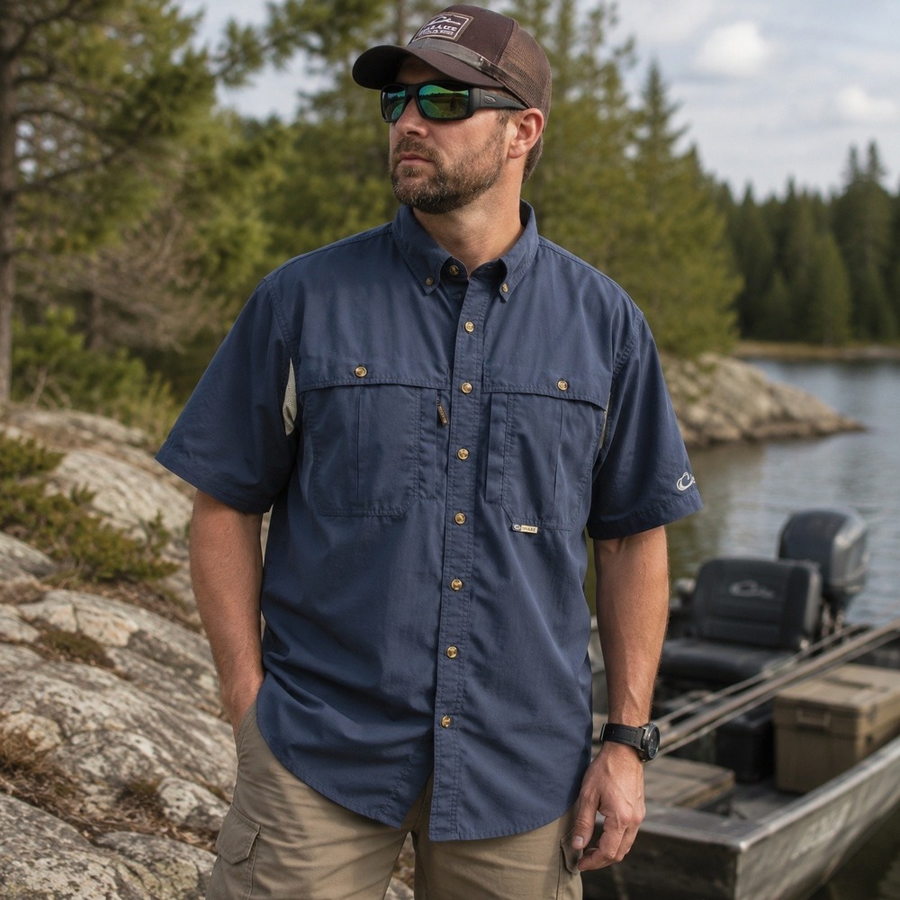 Drake Performance Fishing Shirt Khaki Vented Short Sleeve Button Front Men's XL
